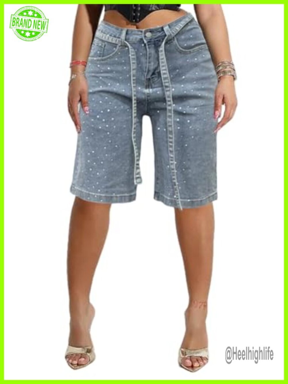 High Waisted Rhinestone Denim Bermuda Shorts with Belt Y2K Streetwear Women's